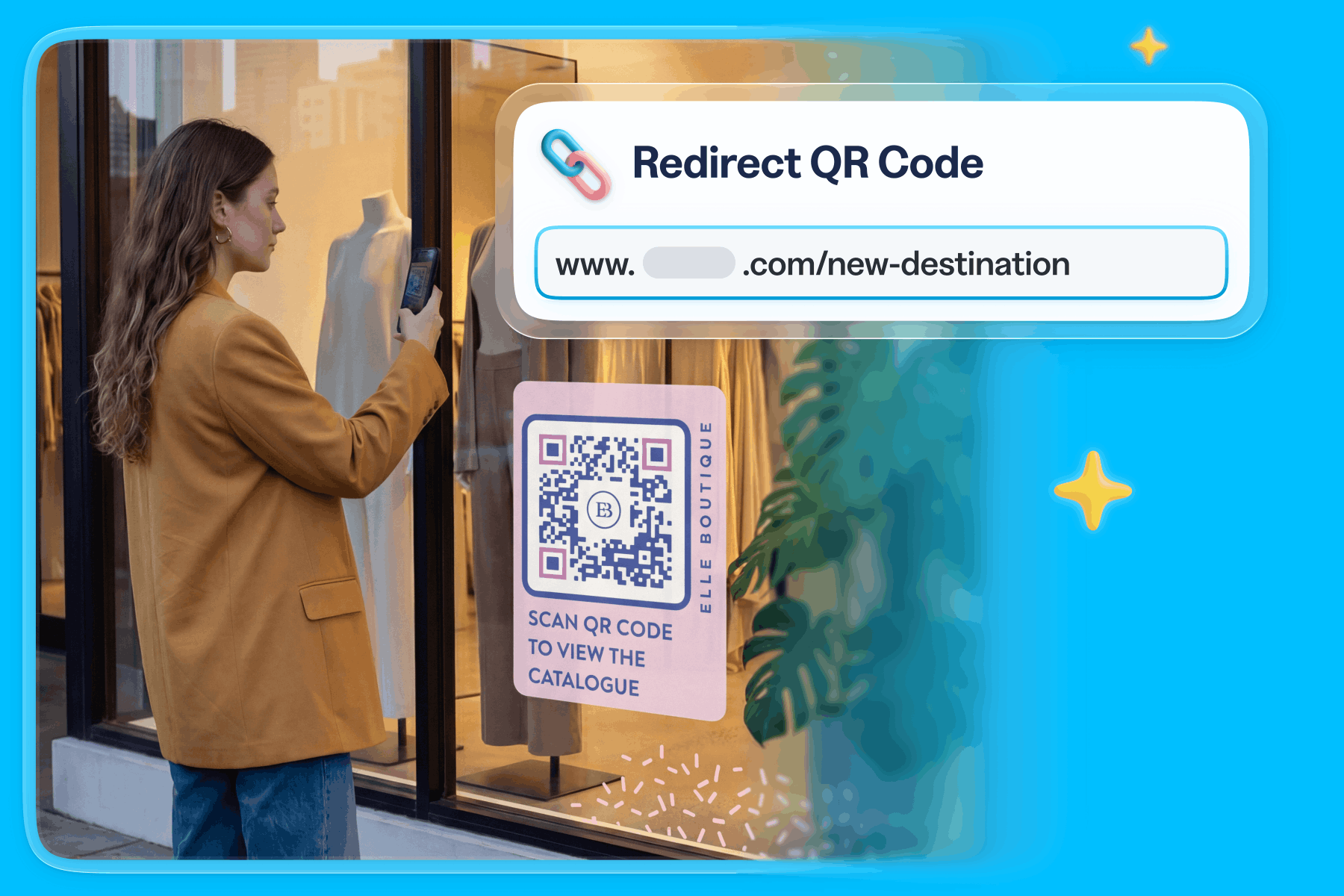 Woman holding up a cell phone and scanning a QR Code on a store's window display. 