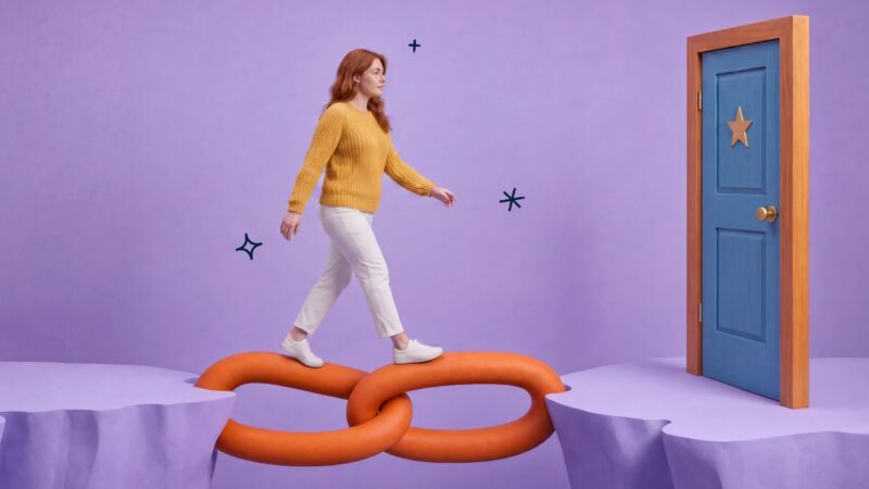 Illustration of a Bitly woman walking across a chain link bridge, crossing toward an open blue door with a star on it.