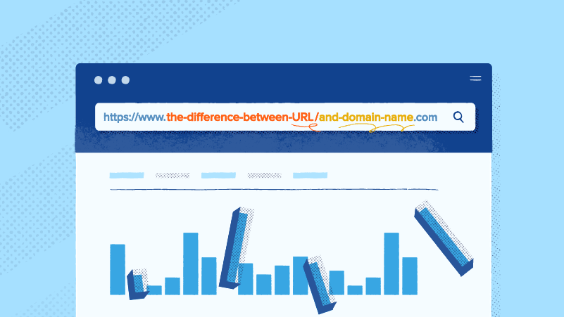 URL in browser illustration and graph bars with some tilted
