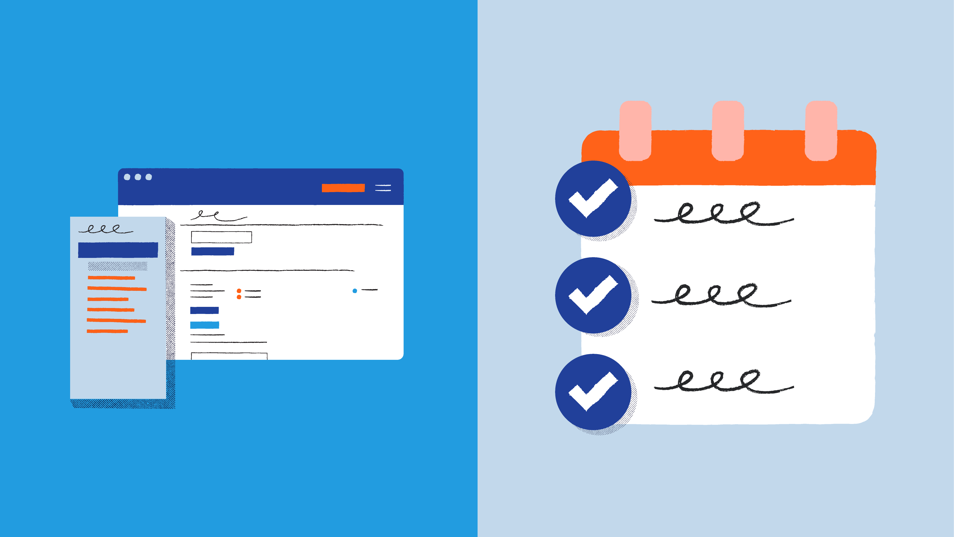 Bitly interface and to-do list with checkmarks illustration