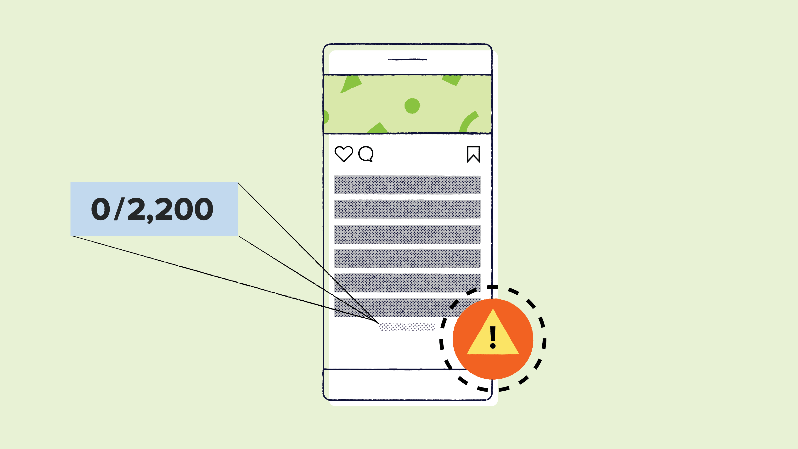 Illustration of Instagram on a mobile device showing 2,200 character limit and warning icon