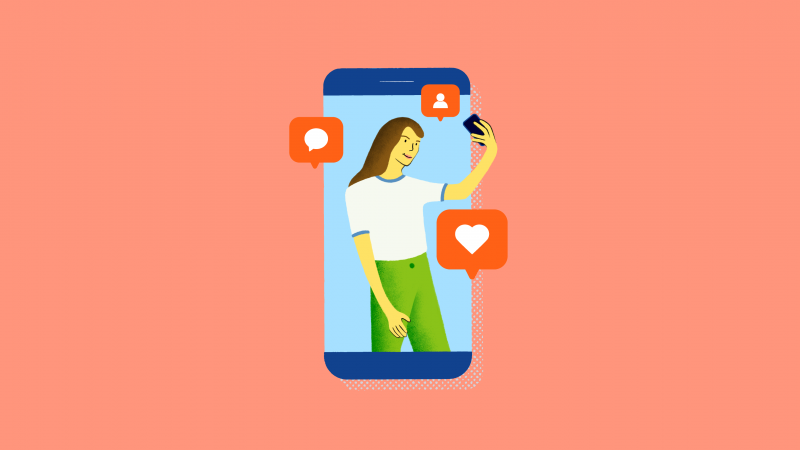 Illustrated influencer with social media reacts displayed on a mobile device