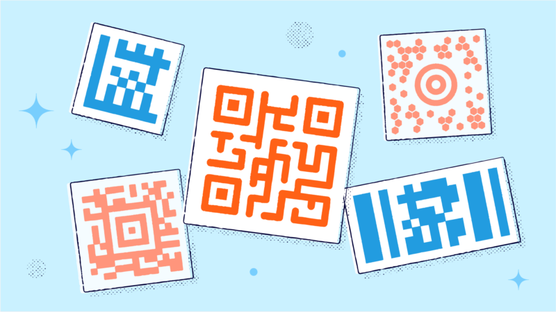 Different types of barcodes and a QR Code