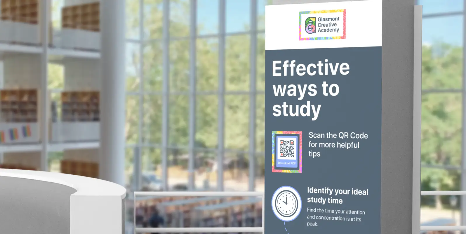 An academy's informational display about effective ways to study.