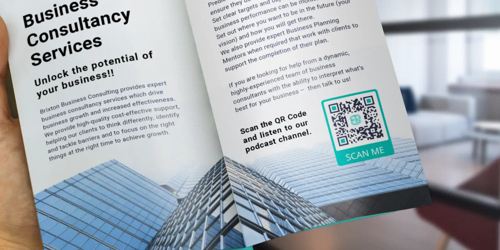 Information brochure for a business consultancy service with a QR Code on it to access its podcast channel.