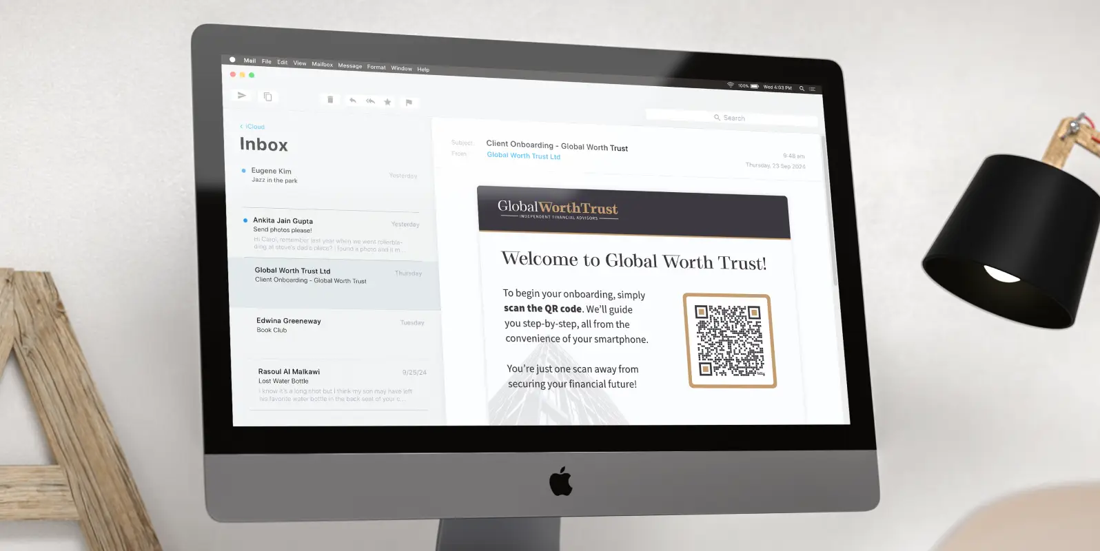 A desktop screen displaying a welcome email from a finance company with a QR Code to start onboarding.