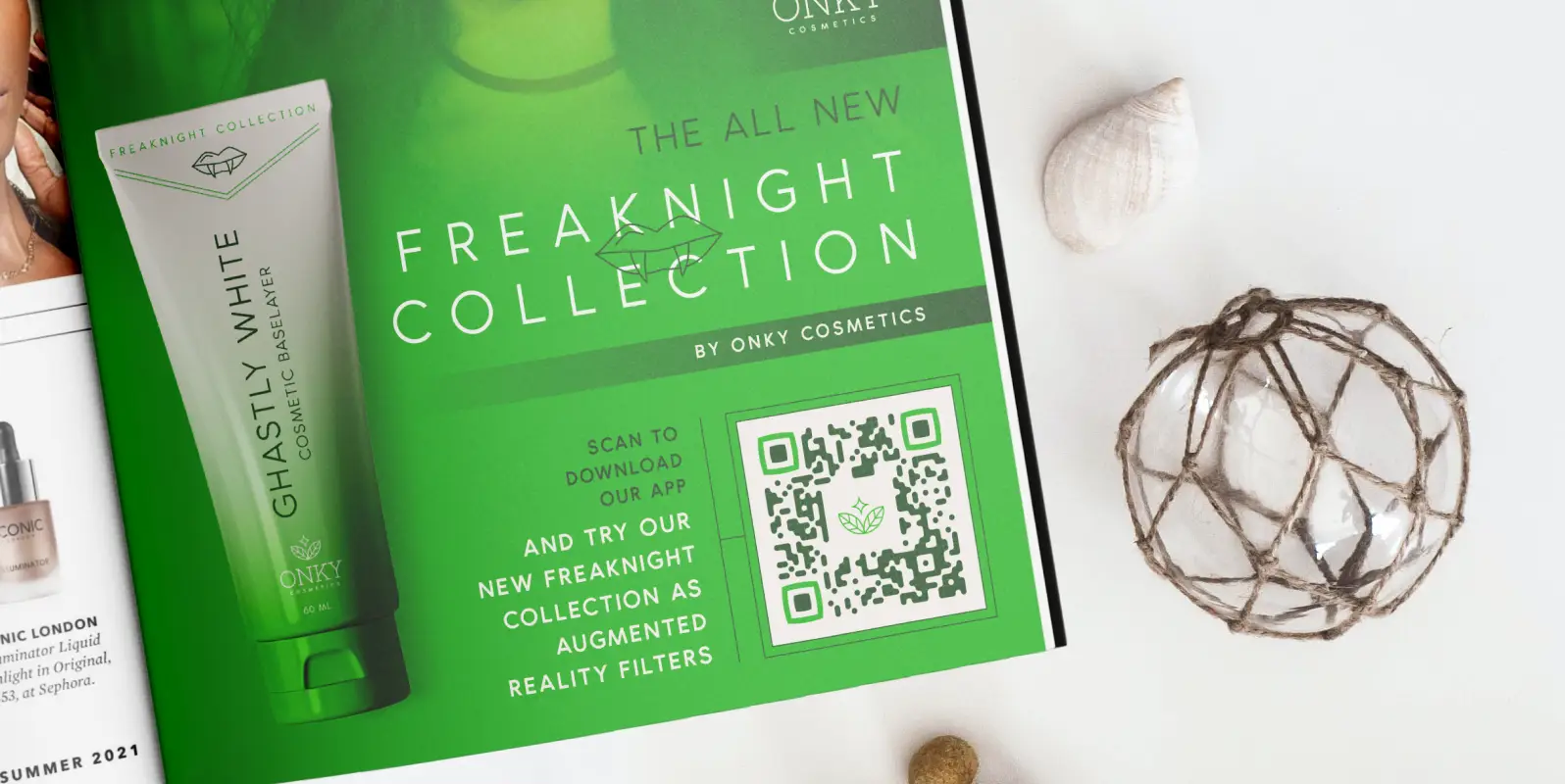 Closeup of a green magazine advertisement for a cosmetic product and a QR Code to scan for AR filters.