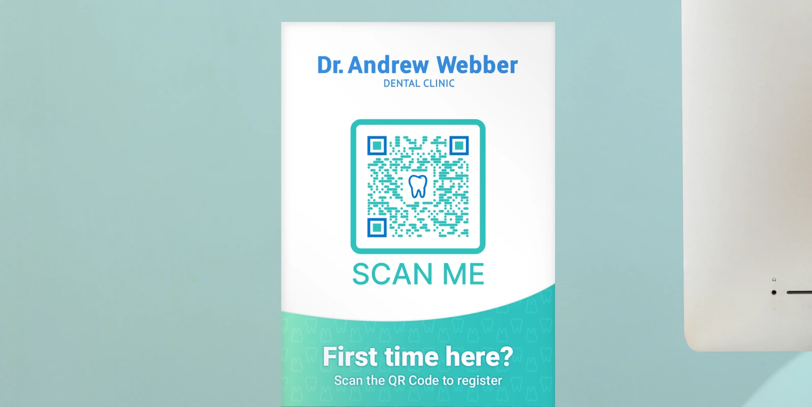 Tabletop sign with a QR Code to scan and register for first-time patients.
