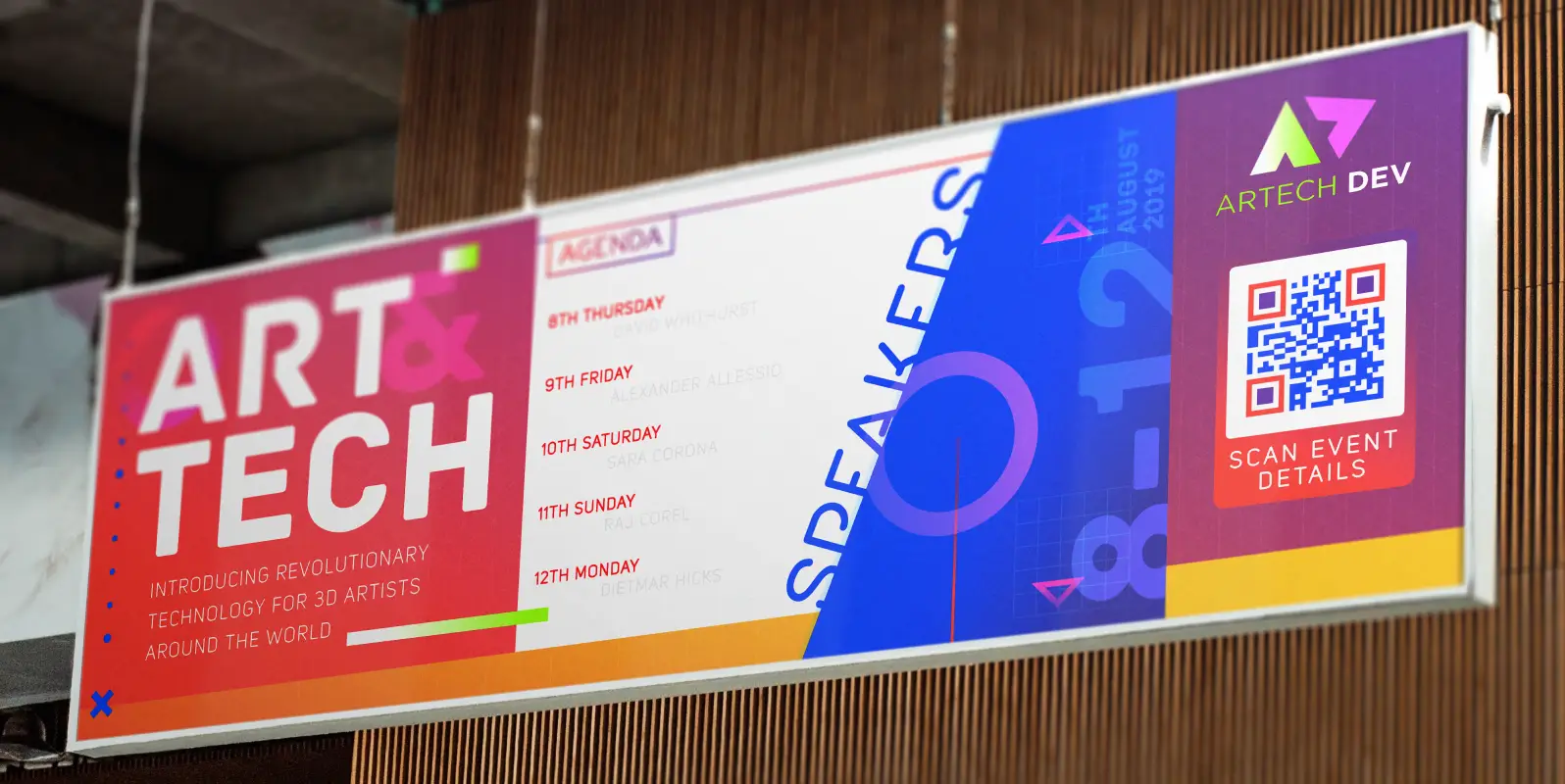A large banner at a conference that features a QR Code with more event details.