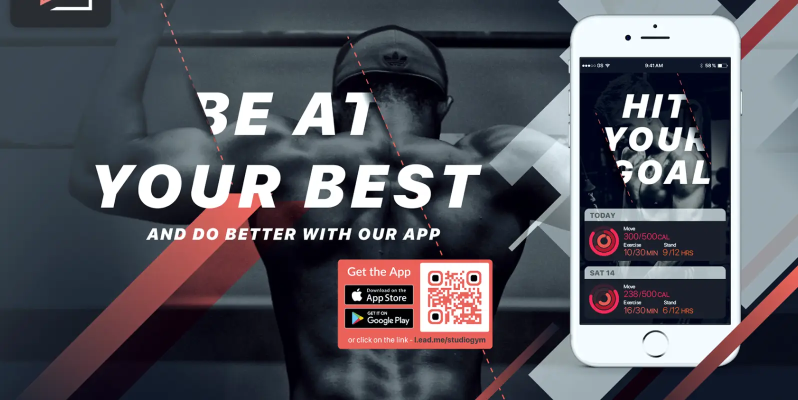 An advertisement for a fitness app with a QR Code for download.