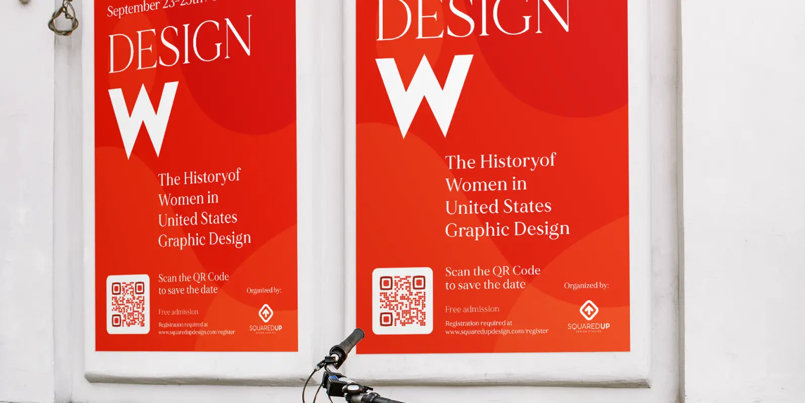 Two identical red posters for a graphic design event. They feature a QR Code for scanners to save the date.