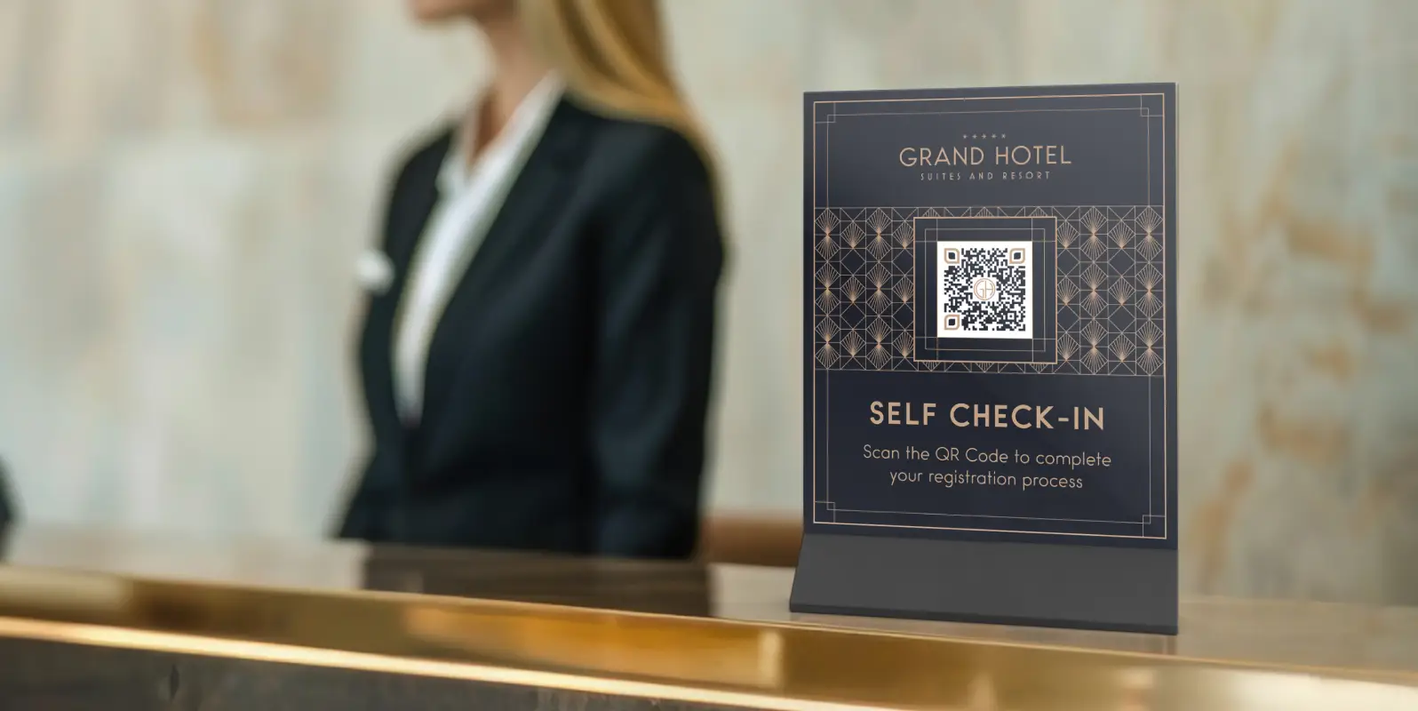 Hotel's self check-in sign on the check-in counter.