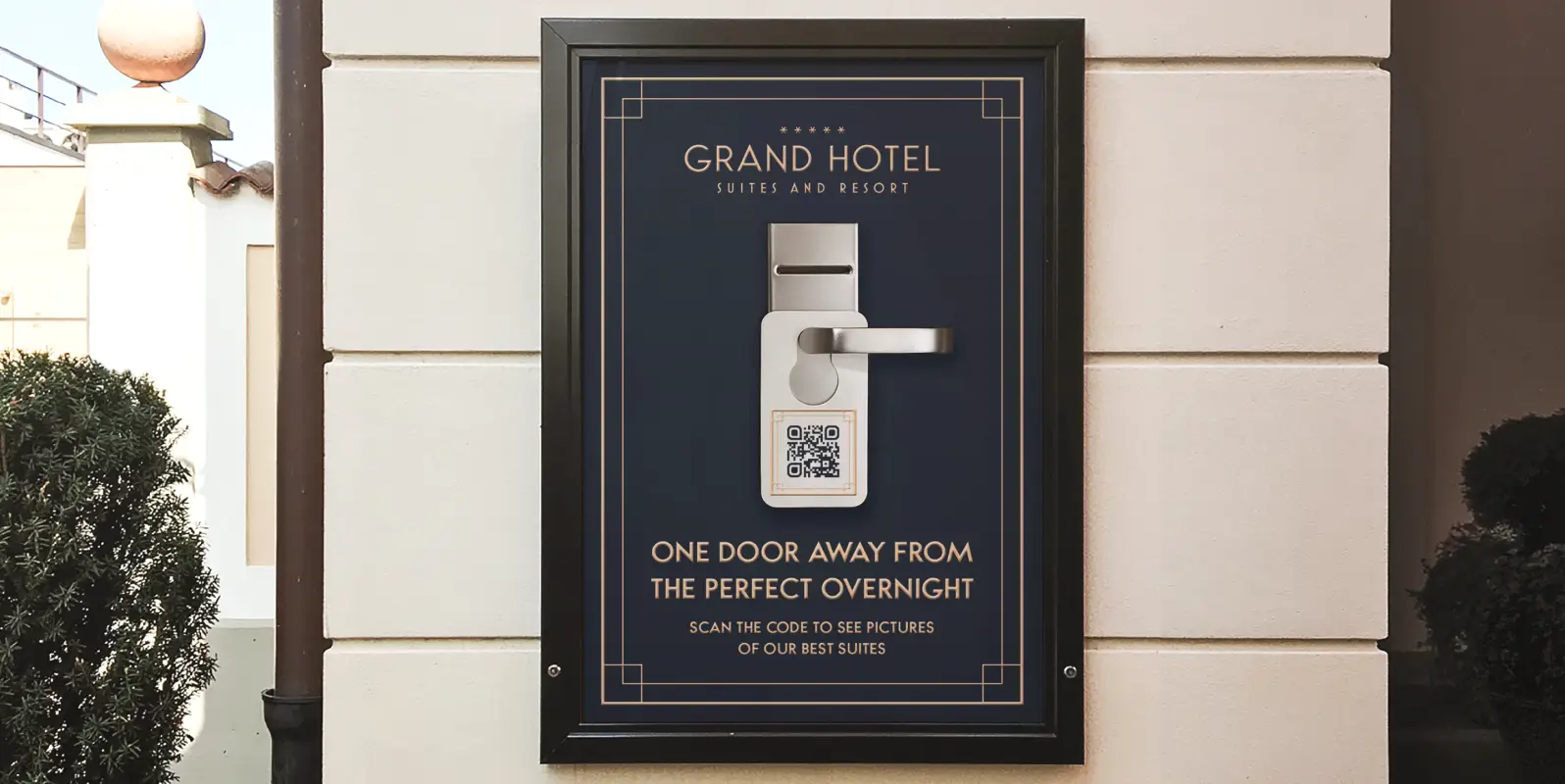 Hotel's poster advertisement with a door handle and QR Code hangtag on it.