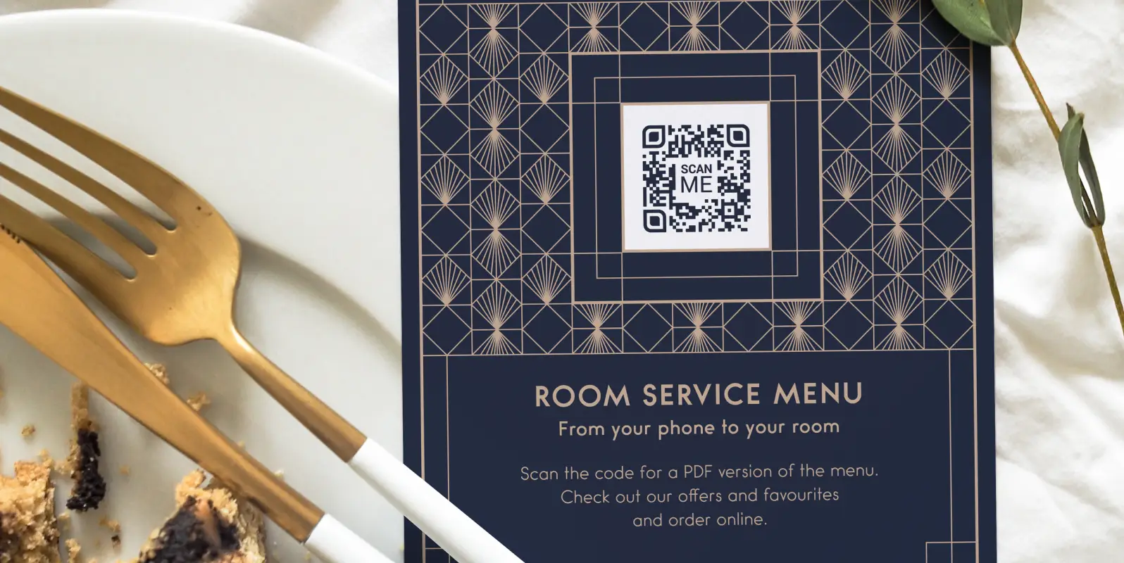 A hotel's room service menu with a qr code in the middle.