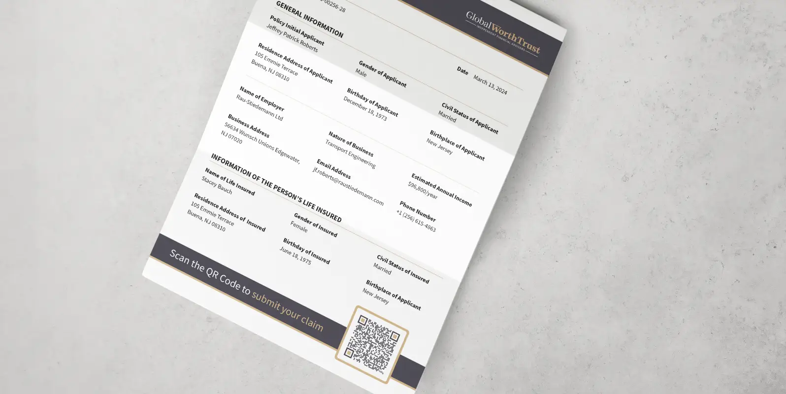 An insurance claim form with a QR Code at the bottom of it.