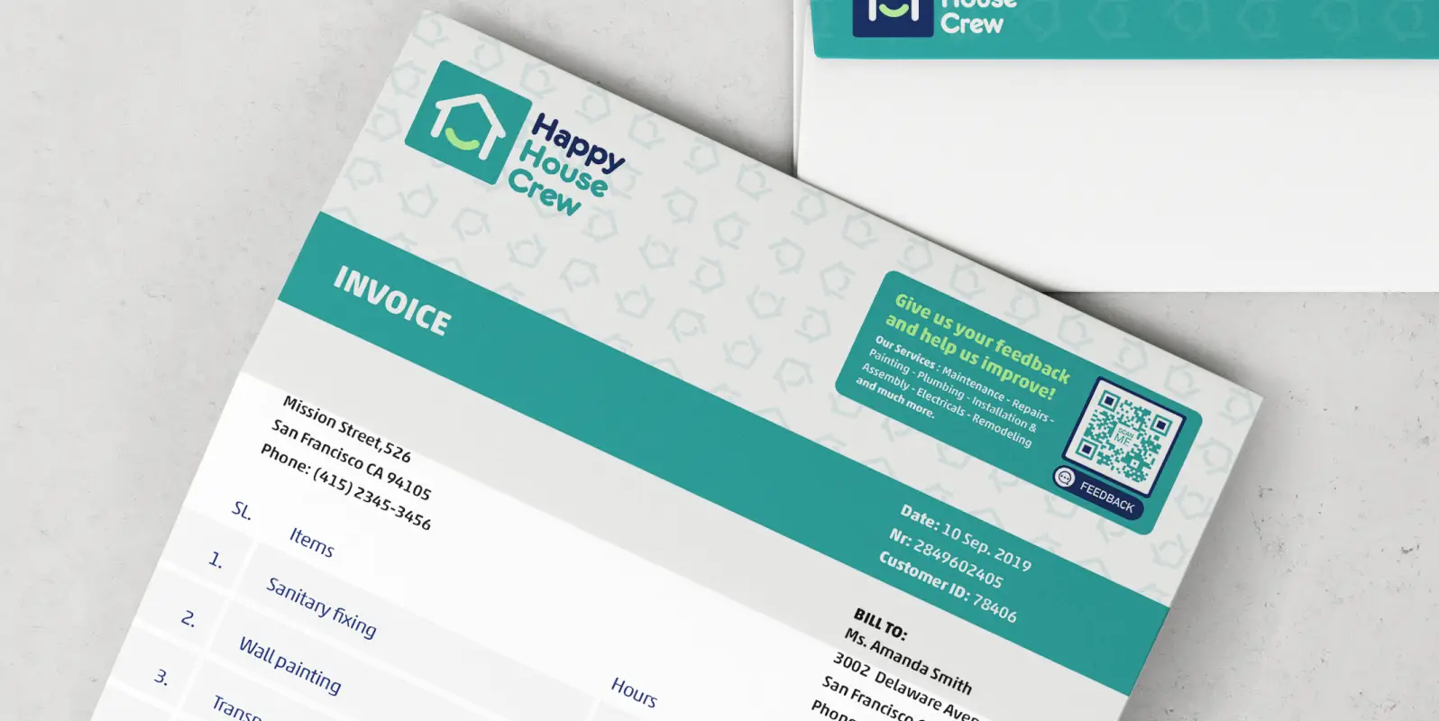 Customer invoice with a feedback QR Code in the top right corner.