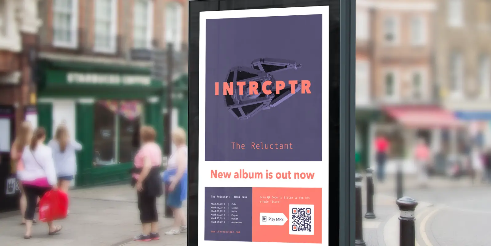 Poser ad for a new album announcement with a QR Code on it to play a sample.