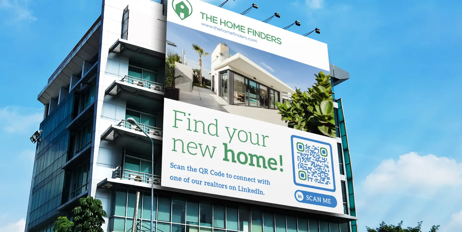 A very large advertisement on the side of a multi-story building. It includes a QR Code to connect with realtors on LinkedIn.
