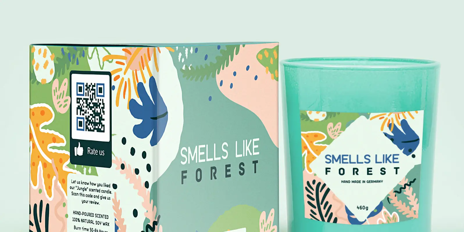 Closeup of a blue candle box with colorful leaves and a rating QR Code on it next to a candle jar.