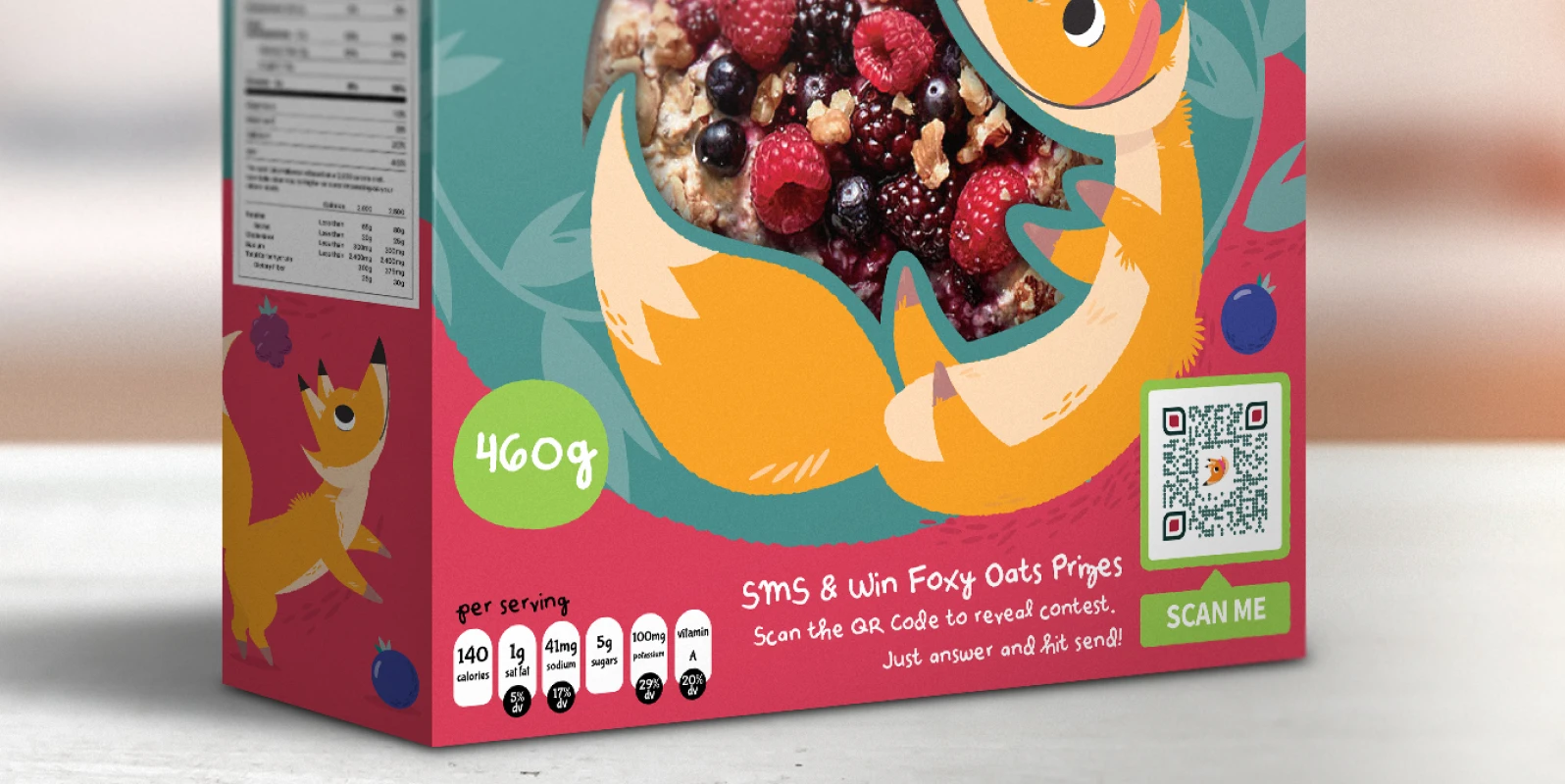 Closeup of a colorful cereal box showing berries and oats and a QR Code to scan and enter a contest.