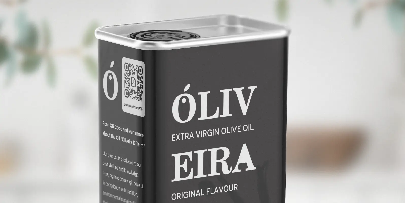 Closeup of a black olive oil tin with white writing and a QR Code.