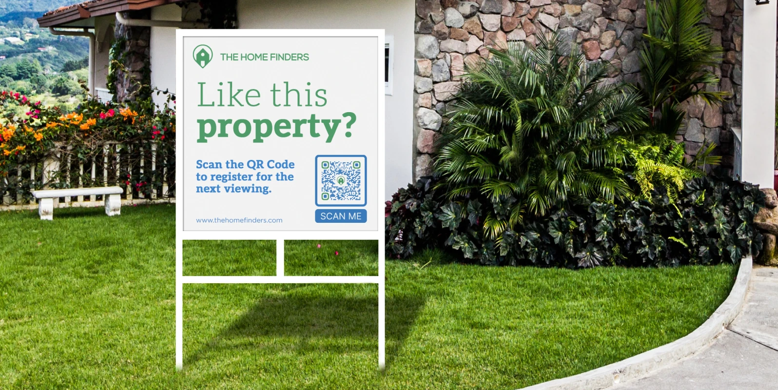 A large poster in front of a house. A QR Code allows scanners to register for a viewing of the property.