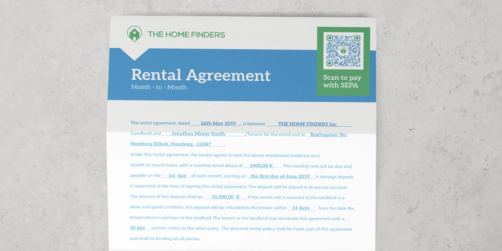 A rental agreement with a QR Code for rent payments in the top right corner.