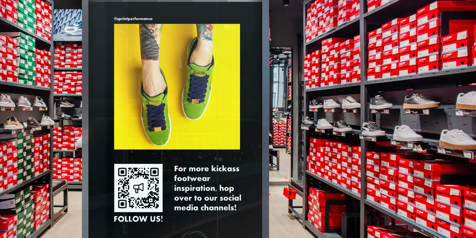 A shoe retailer's endcap ad promoting social media follows for more inspiration via QR Code.