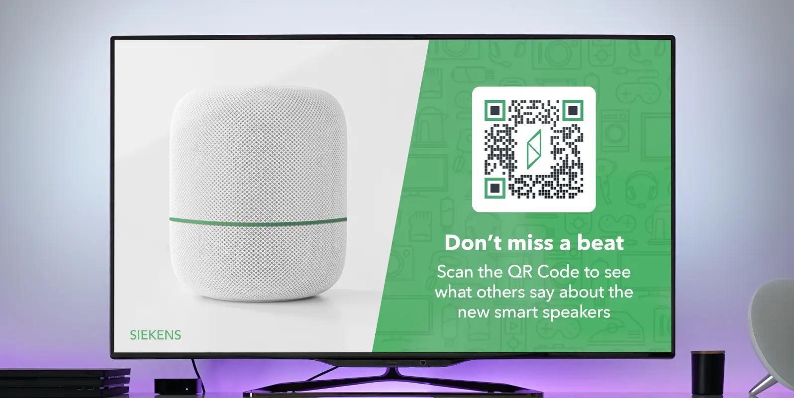 TV showing an add for a smart speaker with the speaker on the left and a big QR Code on the right to scan and read testimonials.