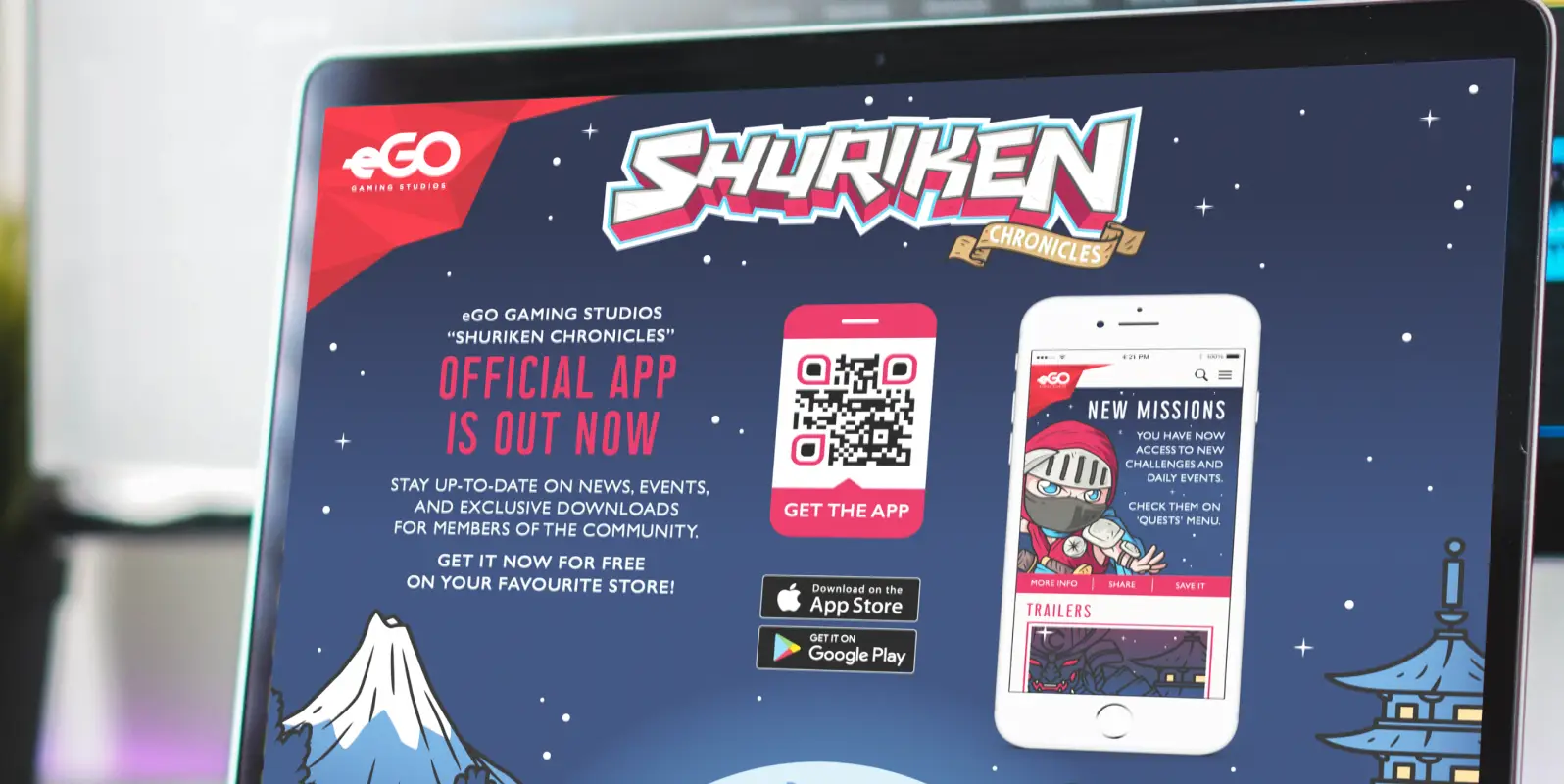 Tablet showing a video game add with a QR Code on it to download the app.